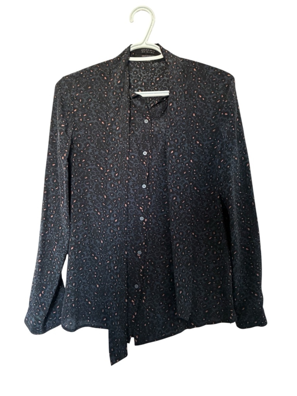 AllSaints Virgo Leopard Silk Blouse US 4 UK 8 Pink Navy Italy Print